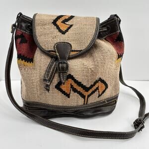 Vtg DENIZ Kilim Wool & Leather Southwest Boho Bag Crossbody Purse